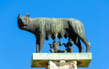 Capitoline Wolf 'un bronz heykeli, Romulus ve Remus ile birlikte İtalya' nın Pisa Kulesi yakınlarındaki bir sütunda, açık mavi gökyüzüne karşı..