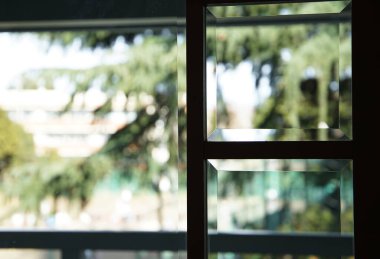 Pencereler gündüz bahçenin yeşilliğini gösteriyor.                               