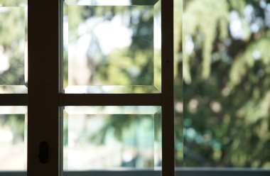  Pencereler gündüz bahçenin yeşilliğini gösteriyor.                              