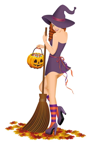 Beautiful witch with a broom. — Stock Vector