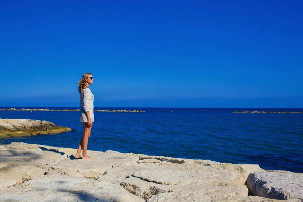 Beautiful Girl Stands Rocky Shore Mediterranean Sea Cyprus Cheerful Girl Stock Picture