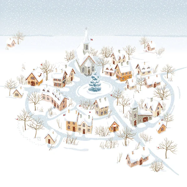 Karla Kaplı Küçük Bir Kasaba Kırsal Kışın Manzarası Vektör Resmi — Stok Vektör