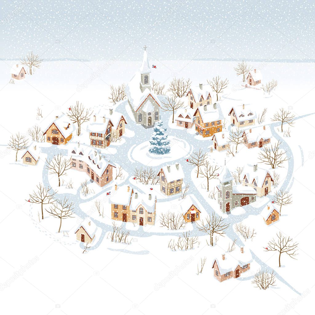 Aerial view of a small snow-covered  town  and winter rural landscape. Vector Image can be used as Christmas card, banners or posters, sales and other seasonal events.