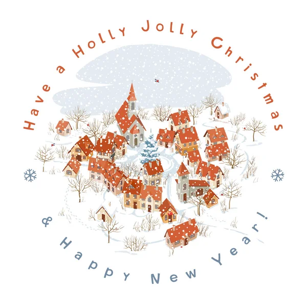 冬には小さなアルパインの町の空中ビュー レタリングデザインテンプレート付きクリスマスグリーティングカードのラウンドベクトル画像 — ストックベクタ
