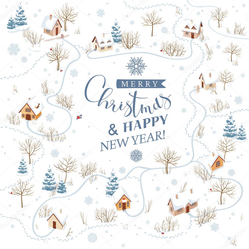 Snowy rural landscape in winter. Vector background for Christmas greeting card with lettering design template.