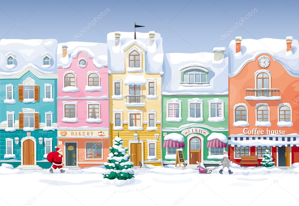 Old historical houses, shops and cafe at the snow-covered city s