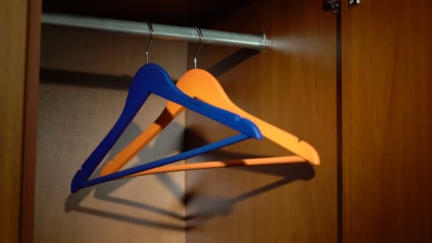 Swinging hangers in a wardrobe — Stock Video