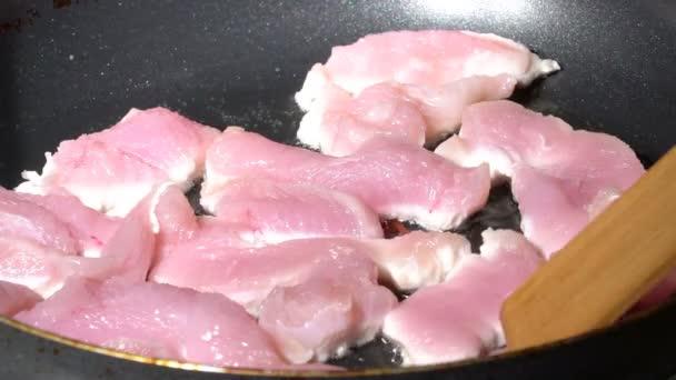 Anrichten und Mischen von Fleisch in einer Pfanne — Stockvideo