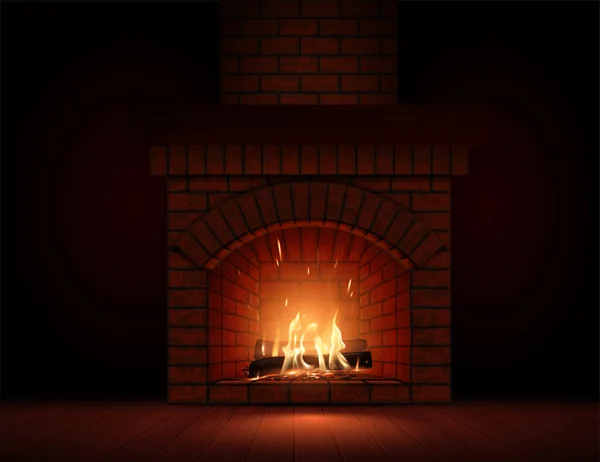 Acogedor Cálido Quemando Fuego Chimenea Leña Carbón Chispas Humo Efecto — Vector de stock