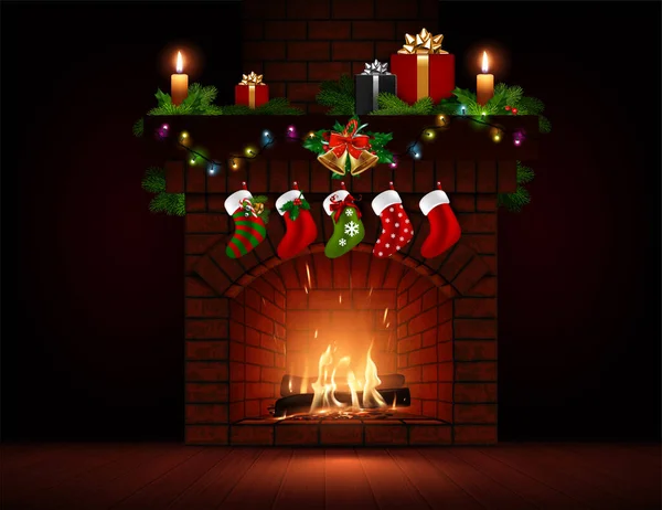 Joyeux Noël Feu Brûlant Dans Cheminée Bougies Décor Bois Chauffage — Image vectorielle