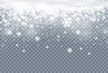 Kar ve kar taneleri. Noel arkaplanı. Şeffaflık etkisi. Gerçekçi çizim.