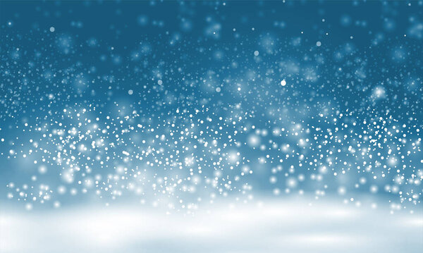 Christmas and New Year. Blue background with flying snow flakes. Transparency effect. Realistic illustration.