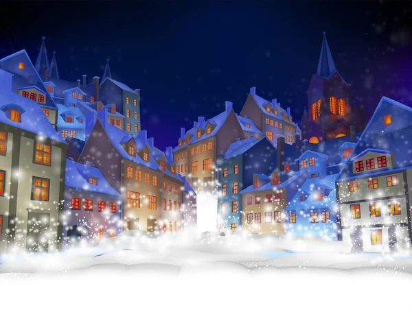 圣诞节的背景平安夜 一个覆盖着雪花的神奇小镇 高度现实的例证 — 图库矢量图片