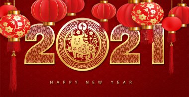 2021 yılbaşı için Çin tebrik kartı. Öküz yılı. Asya süslemeli kırmızı numaralar ve kırmızı arka planda bir boğa. Vektör illüstrasyonu