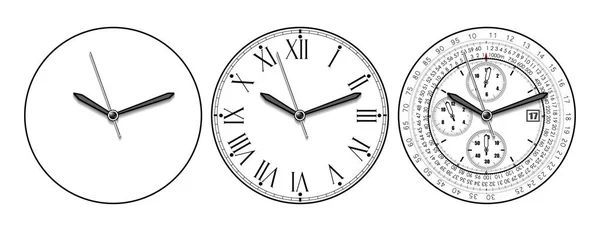 Set Three Watches Different Dials Simple Complex White Background Realistic — Stock Vector