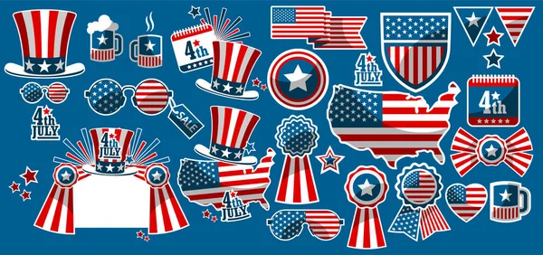 青い背景にアメリカ独立記念日のためのデザイン要素のセット — ストックベクタ