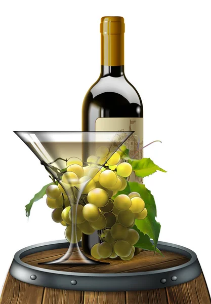 ボトル 白ワインの透明なガラスと木製のワイン樽にブドウの束 高詳細リアルなイラスト — ストックベクタ