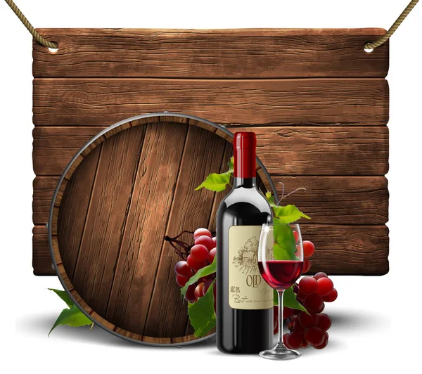ワイン樽を背景に赤ワインとワインをワインに絡めたボトルと透明ガラス — ストックベクタ