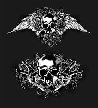 Kafatasları buklelerle, kanatlarla süslenmiş iki dizayn. Siyah bir arka planda. Son derece gerçekçi illüstrasyon.