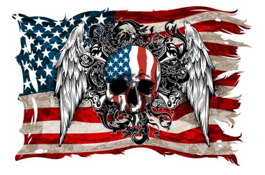 Eski tarz Amerikan bayrağı dekoru olan bir kartpostal ya da pankart tasarımı. Son derece gerçekçi illüstrasyon.