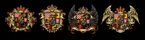 Set Four Heraldic Shields Crown Wings Richly Ornamented Black Background — Stock Vector