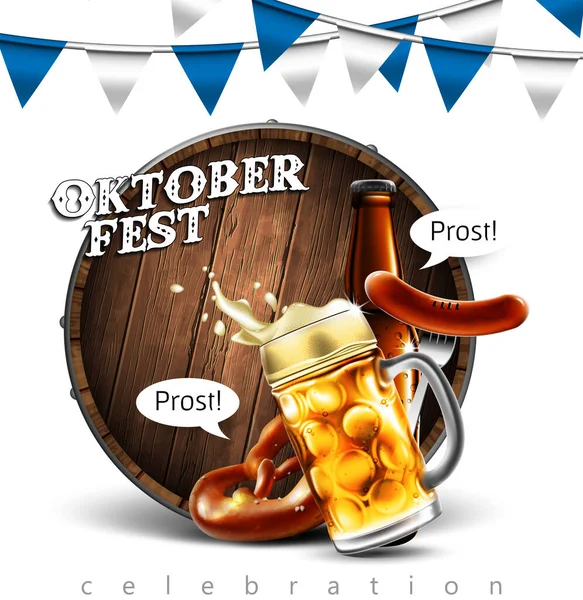 Реклама Традиційного Фестивалю Пива Oktoberfest Склянкою Пива Ковбасою Кренделями Дуже — стоковий вектор