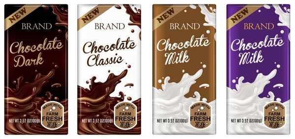 Embalagem Simular Quatro Tipos Chocolate Escuro Clássico Laticínios Com Imagem —  Vetores de Stock