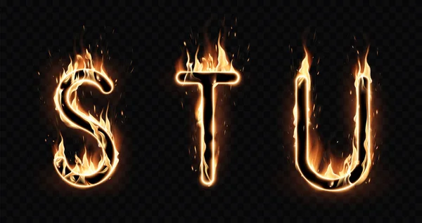 Trois Lettres Enflammées Alphabet Sur Fond Noir Effet Spécial Fumée — Image vectorielle