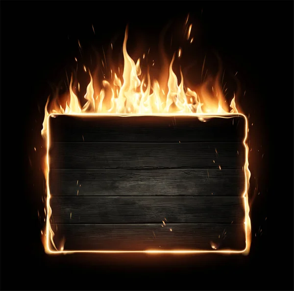 Деревянный Прямоугольный Щит Фоне Огня Специальный Эффект Прозрачного Дыма Реалистичная — стоковый вектор