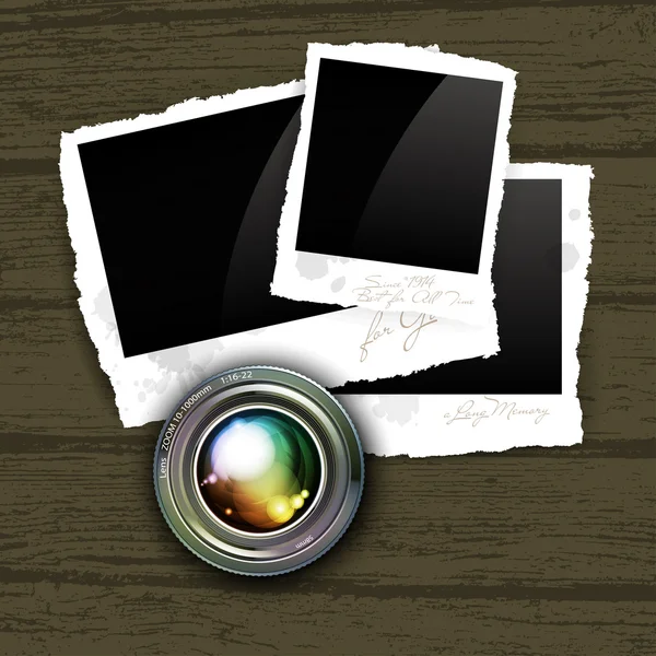 Camera lens with photos — Stock Vector