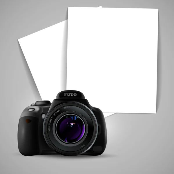 Photo camera and two sheets of paper — Stock Vector