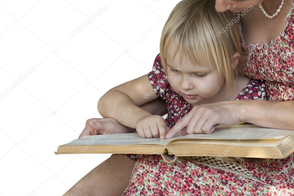 Girl with mother reading a book on white background