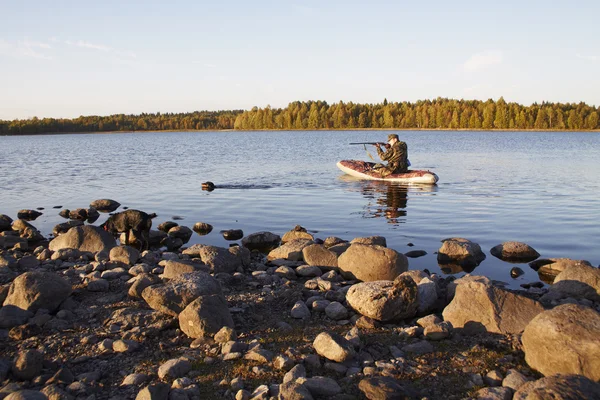 The hunter aims in production, the dog floats behind production — Stock Photo, Image