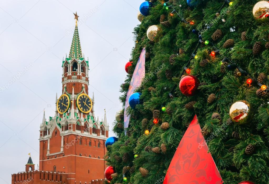 New Year tree against tower 