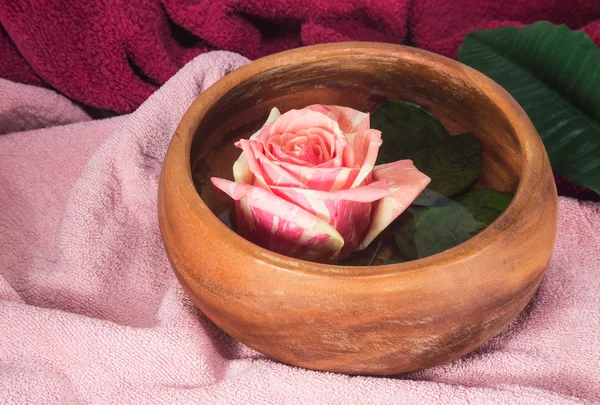 Розовая роза в деревянной чашке — стоковое фото