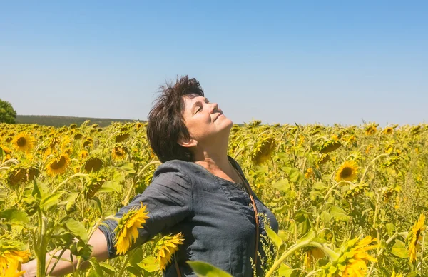 Positive woman among field of sunflowers — Stock Photo, Image