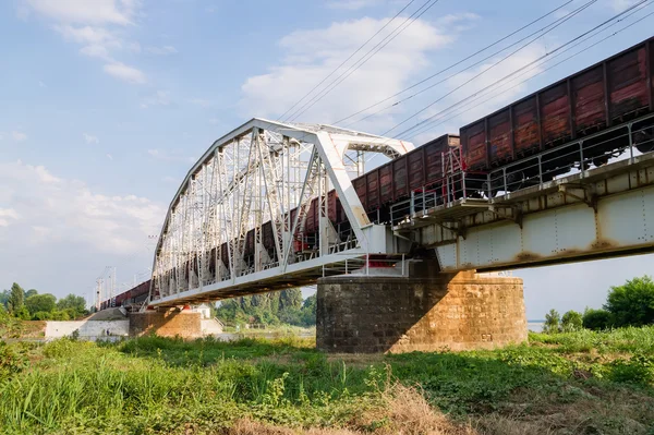 Грузовой поезд проходит по мосту — стоковое фото