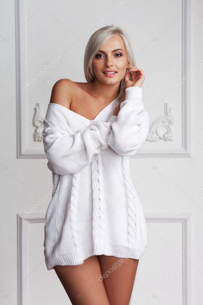 Beautiful Woman In Black Leotard Posing On Grey Background Stock