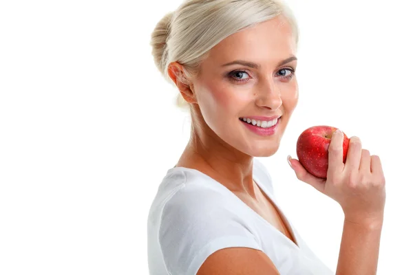 Blonde Frau mit Apfel. Ernährung. Gesunder Lebensstil. — Stockfoto