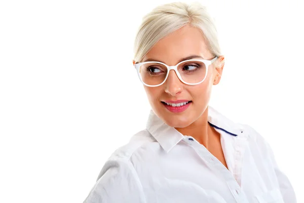 Woman in white glasses. Head and shoulders — Stock Photo, Image