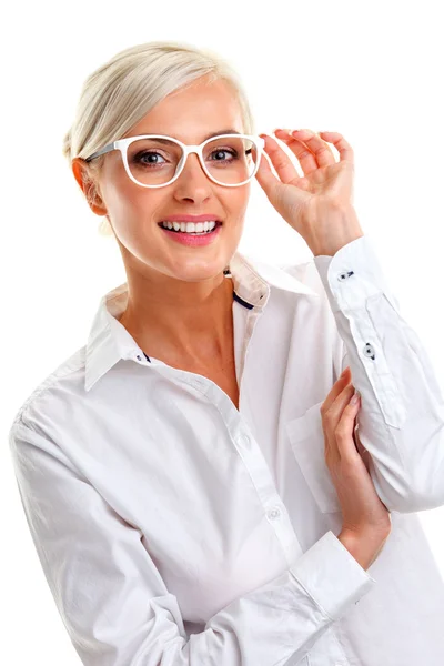 Mujer con gafas blancas. Cabeza y hombros —  Fotos de Stock