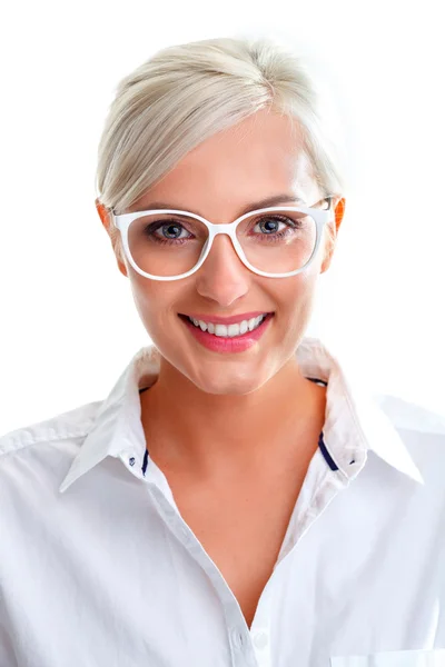 Femme en lunettes blanches. Tête et épaules — Photo