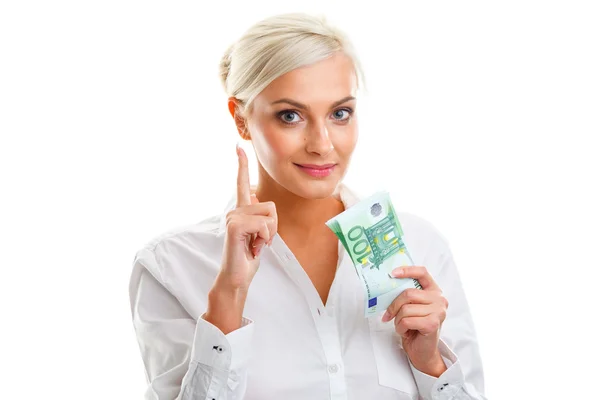 Jovem feliz segurando notas de euro — Fotografia de Stock