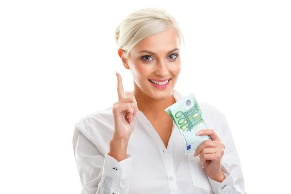 Jovem feliz segurando notas de euro — Fotografia de Stock