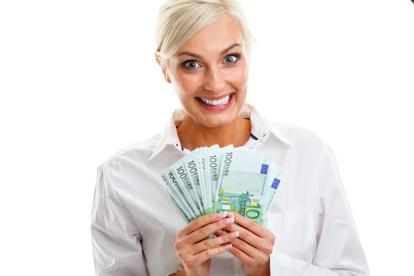 Happy young woman holding euro bills Royalty Free Stock Photos