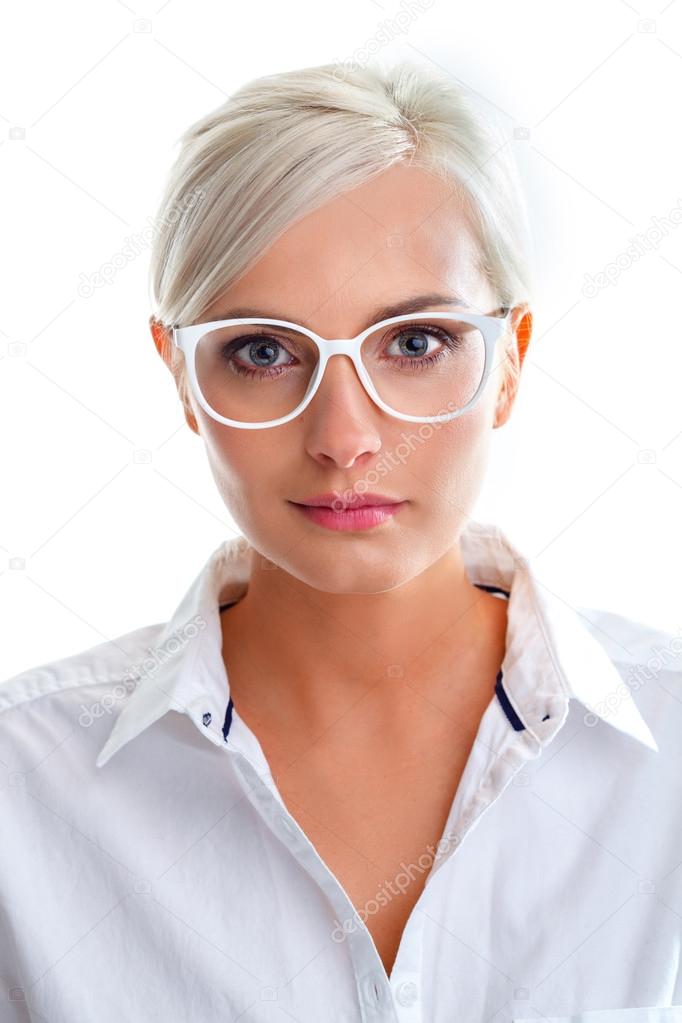 Woman in white glasses. Head and shoulders Stock Photo by ©chesterf