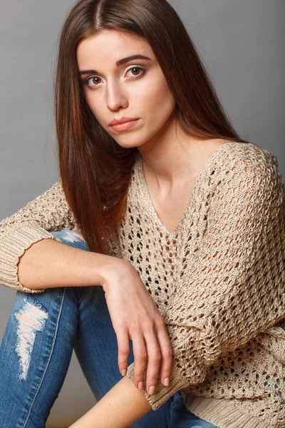 Closeup brunette woman studio portrait — Stock Photo, Image