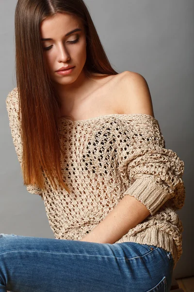 Closeup brunette woman studio portrait — Stock Photo, Image