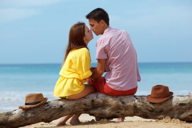 güzel çift kütük üstünde oturan 