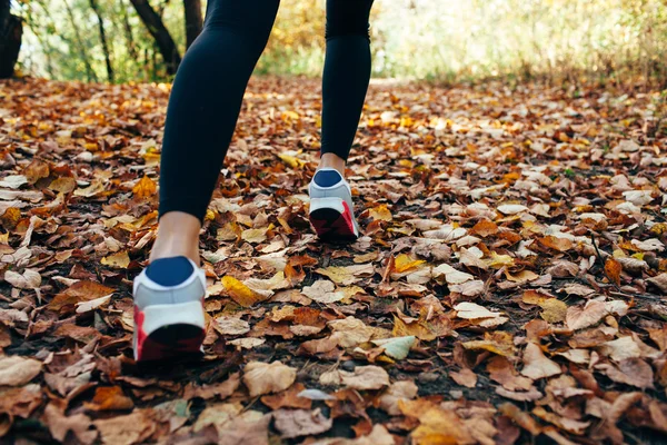 Mulher corre para folhagem de outono, sapatos close-up — Fotografia de Stock